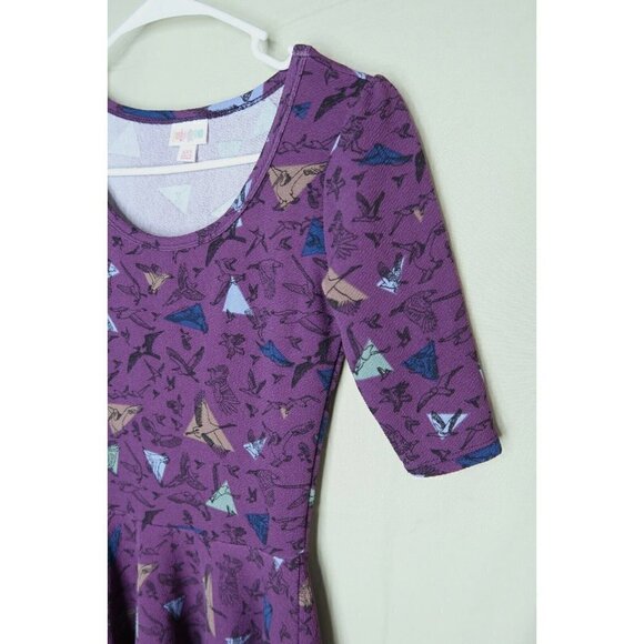 LuLaRoe Nicole Dress Fit Flare Purple Bird Patterned Stretch Scoop Neck Size XXS - Picture 3 of 12